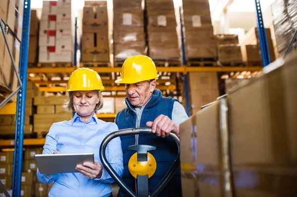 Senior woman manager and man worker with tablet working in a warehouse. — Stock Photo, Image