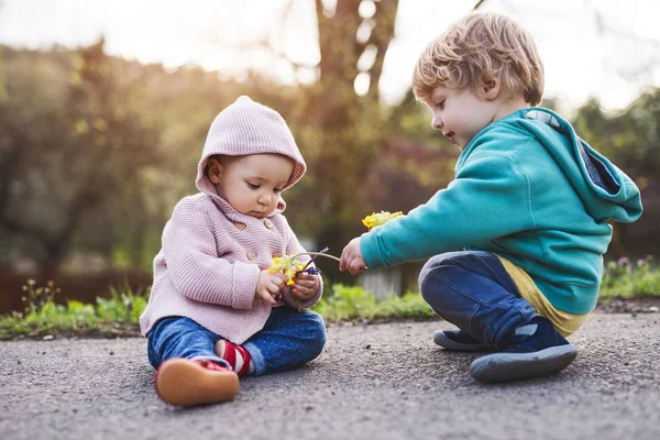 Um menino e uma menina da criança fora em uma caminhada da mola . — Fotografia de Stock