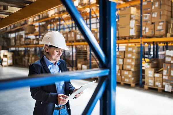 Gestora de almacén o supervisora senior con tableta, trabajo . — Foto de Stock