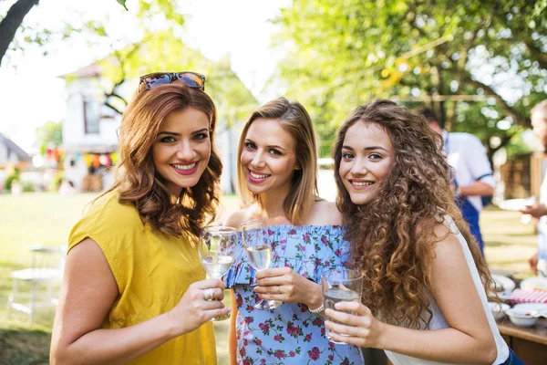 Portret trzech kobiet na rodzinne uroczystości lub grill party poza na podwórku. — Zdjęcie stockowe
