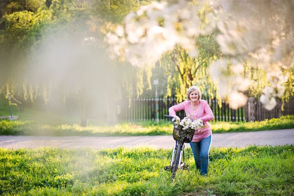 Belle femme âgée avec vélo à l'extérieur au printemps nature . — Photo