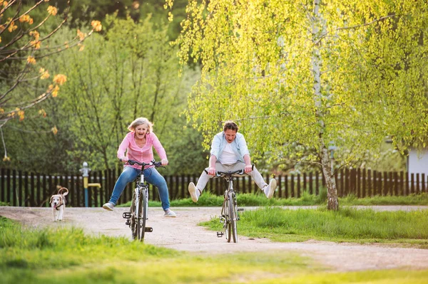 Piękna para starszy z rowerami poza w wiosna natura. — Zdjęcie stockowe