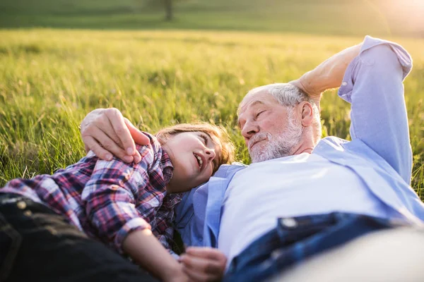 Una niña pequeña con el abuelo fuera en la naturaleza de primavera, relajarse en la hierba . — Foto de Stock