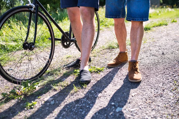 Ein erwachsener Sohn mit Fahrrad und ein älterer Vater zu Fuß auf einer Straße in sonniger Natur. — Stockfoto