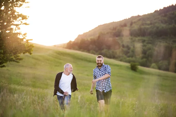 Bir yetişkin hipster oğlu ile üst düzey baba günbatımında doğada yürüyüş. — Stok fotoğraf