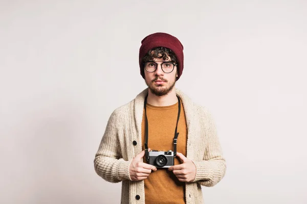 Young Handsome Man Holding Camera Studio — Stock Photo, Image