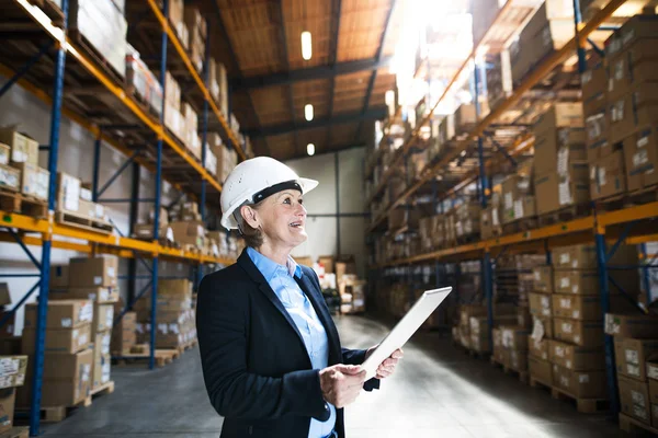 Senior woman warehouse manager or supervisor with tablet, working.
