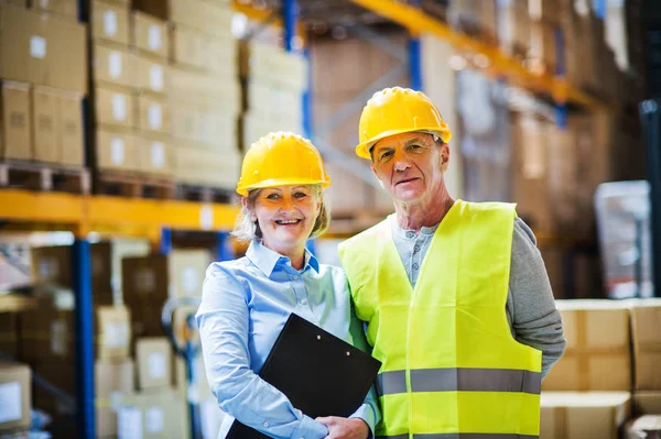 Femme cadre supérieure et homme travailleur debout dans un entrepôt . — Photo