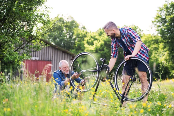 Un hijo hipster adulto y padre mayor reparando la bicicleta afuera en un día soleado . —  Fotos de Stock