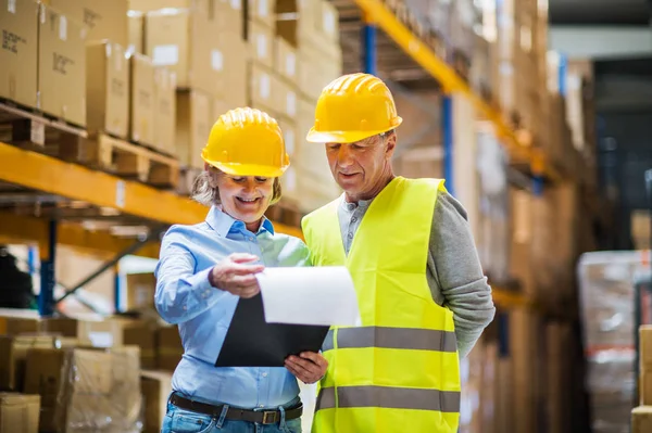 Senior vrouw manager en man werknemer werkt in een magazijn. — Stockfoto