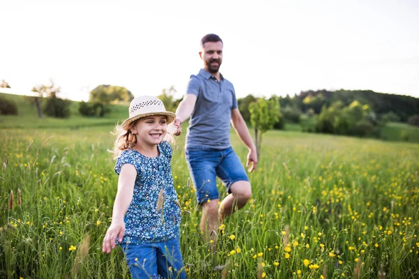 Pai com uma pequena filha correndo na natureza primavera . — Fotografia de Stock
