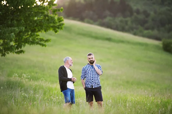 Bir yetişkin hipster oğlu ile üst düzey baba günbatımında doğada yürüyüş. — Stok fotoğraf