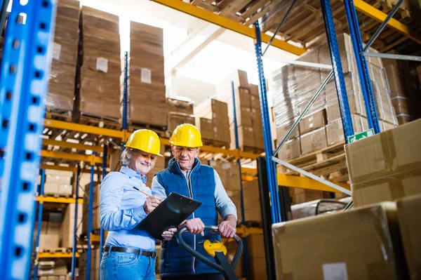 Senior woman manager and man worker working in a warehouse. — Stock Photo, Image