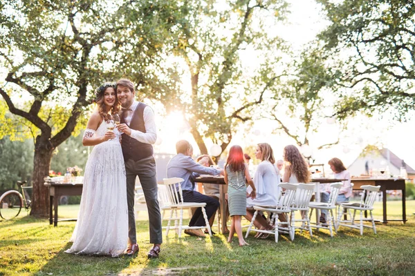 Bride and groom clinking glasses at wedding reception outside in the backyard. — Stock Photo, Image