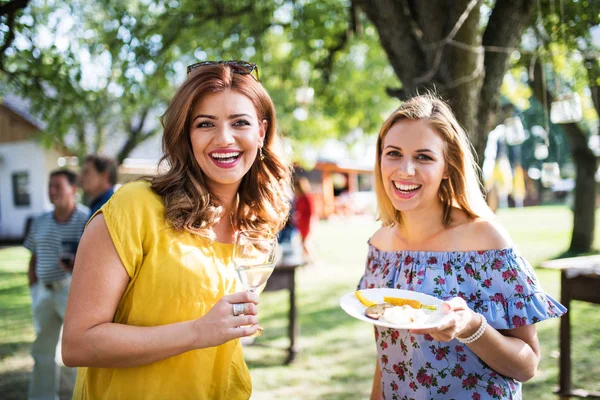 Porträt zweier Frauen auf einer Familienfeier oder einer Grillparty draußen im Hinterhof. — Stockfoto