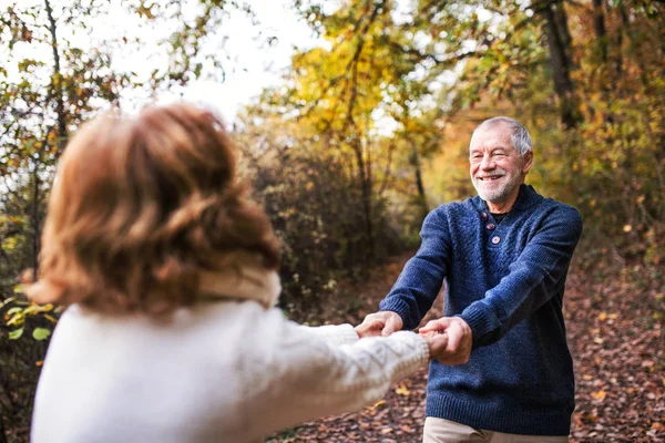 Senior couple in an autumn nature, holding hands and spinning. — Stock Photo, Image