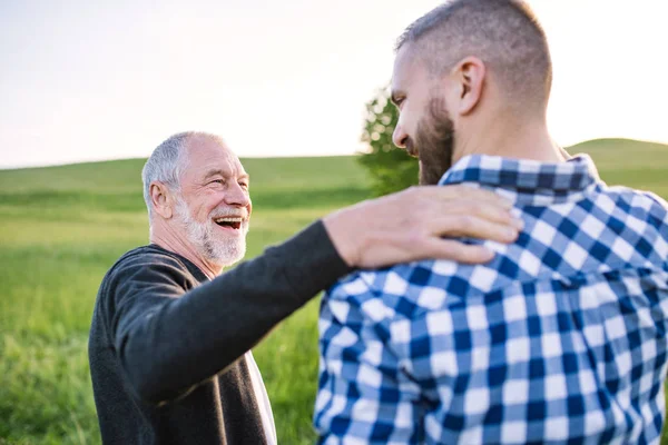 Un figlio hipster adulto con padre anziano in una passeggiata nella natura al tramonto, parlando . — Foto Stock