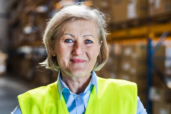 Directora o supervisora senior de pie en un almacén . —  Fotos de Stock