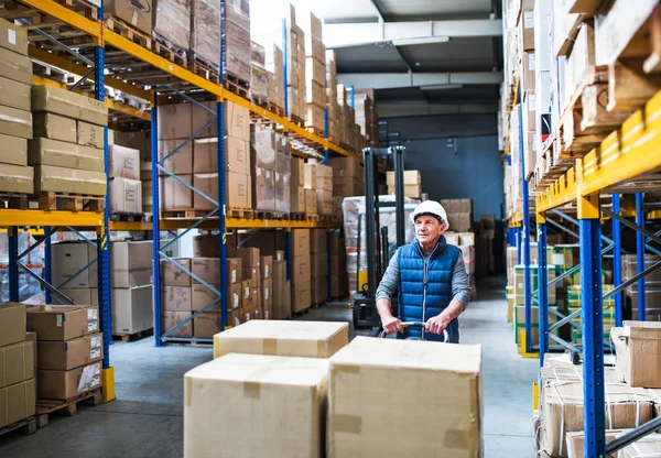 Senior mannelijke magazijnmedewerker trekken een pallettruck. — Stockfoto