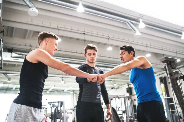 Jóvenes amigos de pie y hablando en el moderno gimnasio crossfit, haciendo golpe de puño . —  Fotos de Stock