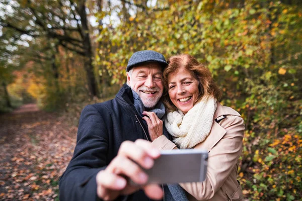 Casal sênior apaixonado em uma natureza de outono, tirando selfie . — Fotografia de Stock