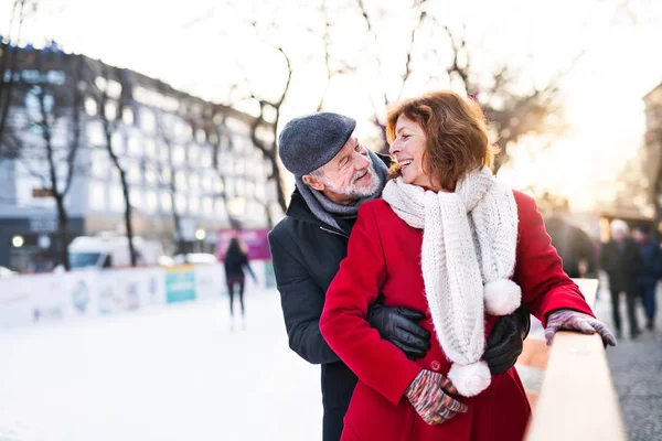 Äldre par på en promenad i en stad i vinter. — Stockfoto