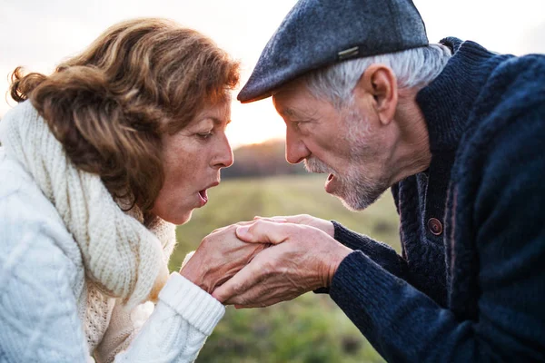 Äldre par tittar på varandra i en höst natur, händer hålla. — Stockfoto