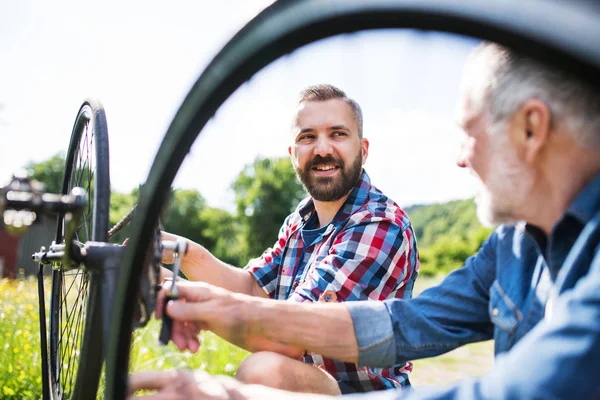 En voksen hipstersønn og en eldre far som reparerer en sykkel utenfor på en solskinnsdag . – stockfoto