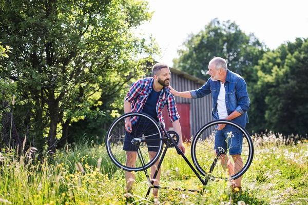Ein erwachsener Hipster-Sohn und ein älterer Vater reparieren an einem sonnigen Tag eine Fahrradpanne. — Stockfoto