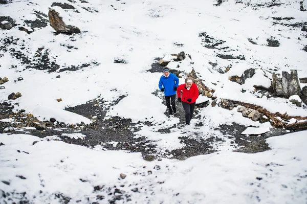 Ein älteres Ehepaar rennt in verschneiter Winternatur bergauf. — Stockfoto