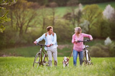 Bisiklet ve köpek dış bahar doğa ile güzel üst düzey Çift.