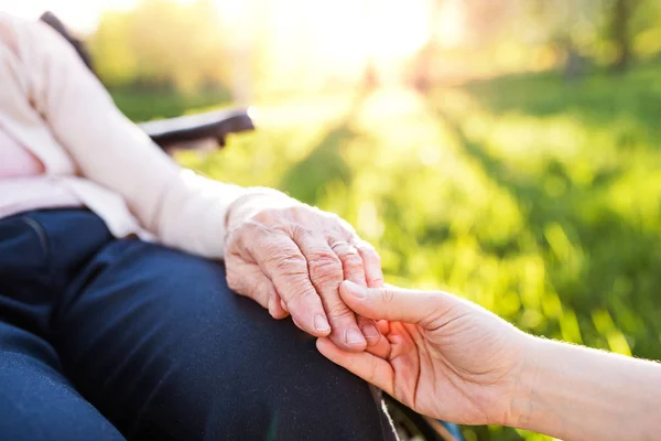 Granddaughter holding hand of grandmother in wheelchair in spring nature. — Stock Photo, Image