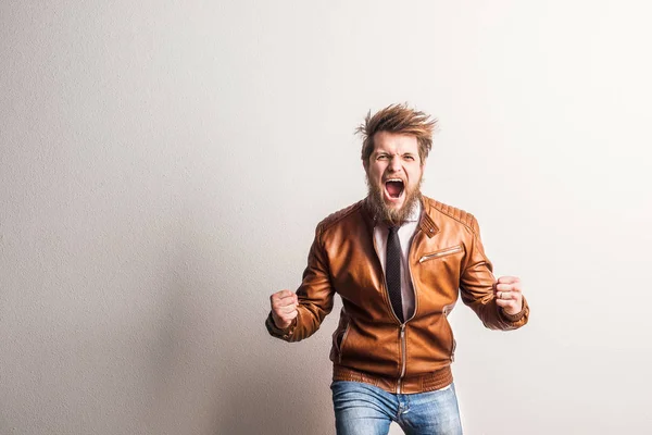 Portrait Young Handsome Hipster Man Studio Screaming Copy Space — Stock Photo, Image