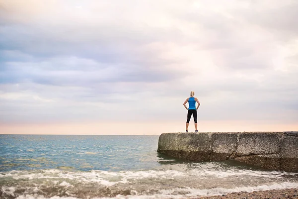 Vue arrière d'une jeune femme sportive debout sur un quai au bord de l'océan à l'extérieur . — Photo