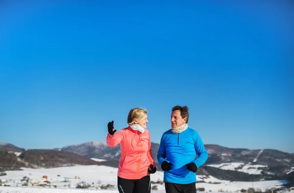 Lyckliga senior par jogging i vinter natur. — Stockfoto