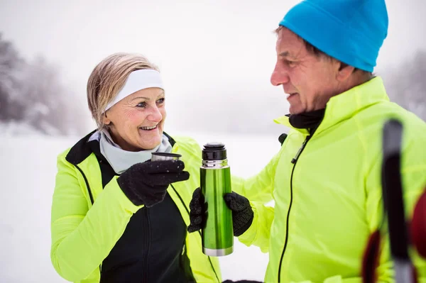 Um casal sênior esqui cross-country no inverno . — Fotografia de Stock