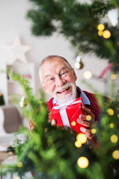 Un homme âgé avec un cadeau dans une boîte enveloppée debout près du sapin de Noël . — Photo