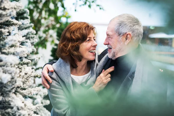 A portrait of senior couple in shopping center at Christmas time. — Stock Photo, Image