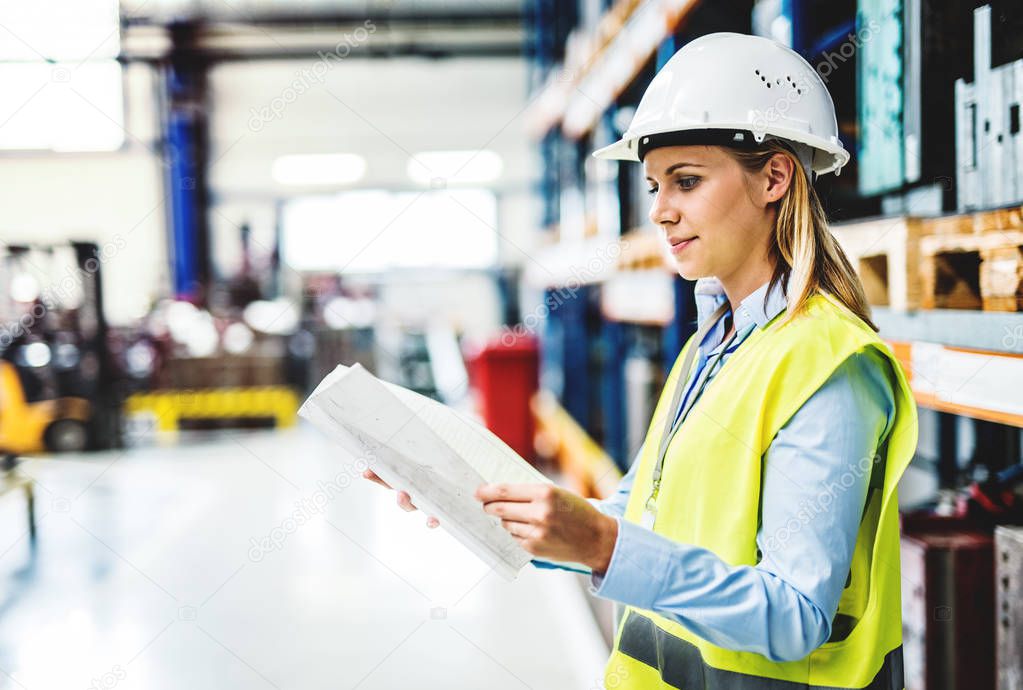A portrait of a young industrial woman engineer in a factory holding paperwork, checking something. Copy space.