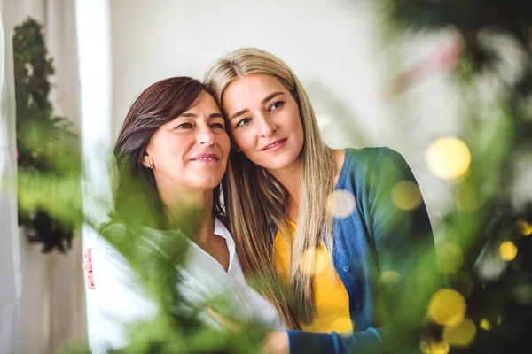 Een senior vrouw met volwassen dochter permanent door kerstboom thuis. — Stockfoto