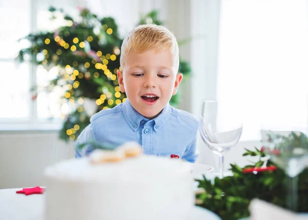 Een kleine jongen op een taart thuis kijken naar Kerstmis. — Stockfoto