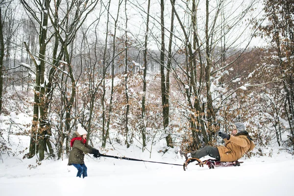 Farfar och liten flicka pulka en vinterdag. — Stockfoto