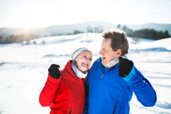 Senior pareja corredores de pie en la naturaleza de invierno, descansando . —  Fotos de Stock