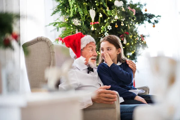 Seorang gadis kecil menceritakan sebuah rahasia kepada kakeknya dengan topi Santa pada saat Natal . Stok Foto