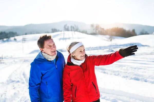 Senioren-Paarläufer stehen in winterlicher Natur und ruhen sich aus. — Stockfoto