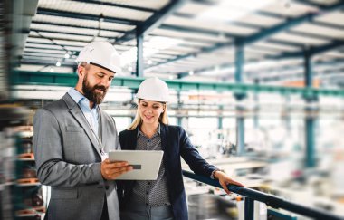 Bir portresini endüstriyel erkek ve kadın mühendis bir fabrikada tablet ile çalışma.