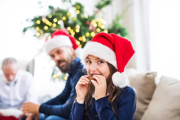 Une petite fille avec le chapeau de Père Noël et son père et grand-père assis sur un canapé à la période de Noël . — Photo