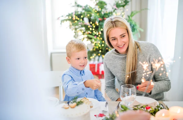 A small boy with mother holding sparkle at Christmas time.