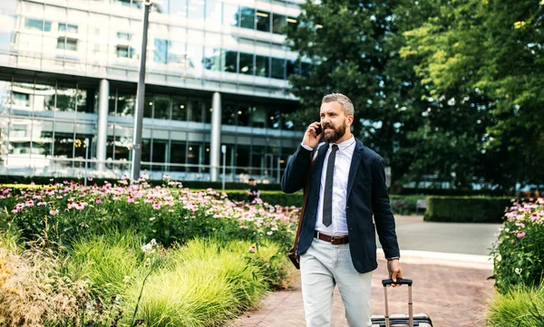 Hipster hombre de negocios con teléfono inteligente y maleta caminando en el parque en Londres . — Foto de Stock