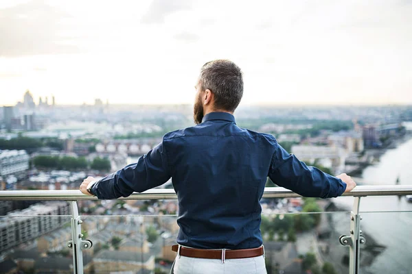 A rear view of businessman standing against London view panorama at sunset. — Stock Photo, Image